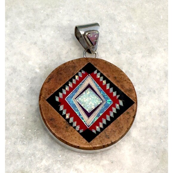 Unique Southwestern Sterling Silver 925 Handmade Navajo Micro Gem Inlay Pendant